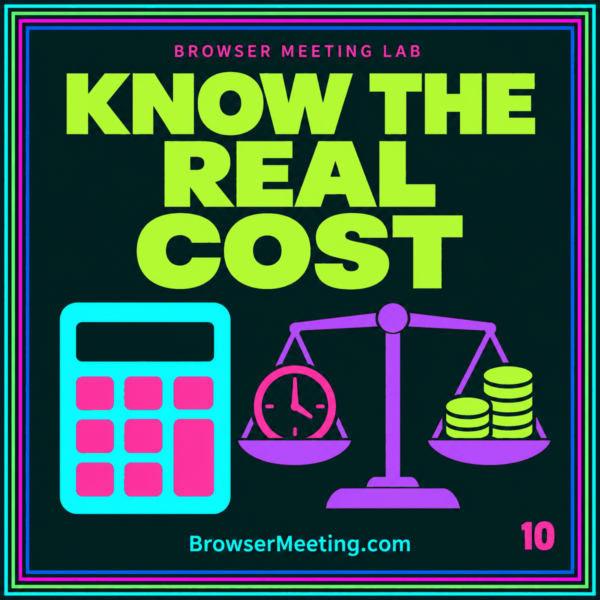 Neon typography card reading Budget the Whole Meeting with cost-planning blocks and BrowserMeeting.com branding.