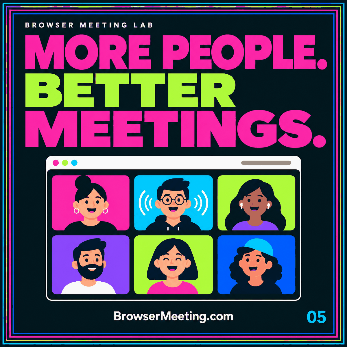 A grid of browser meeting participants with colorful conversation lines and the headline More Voices. Clear Decisions.